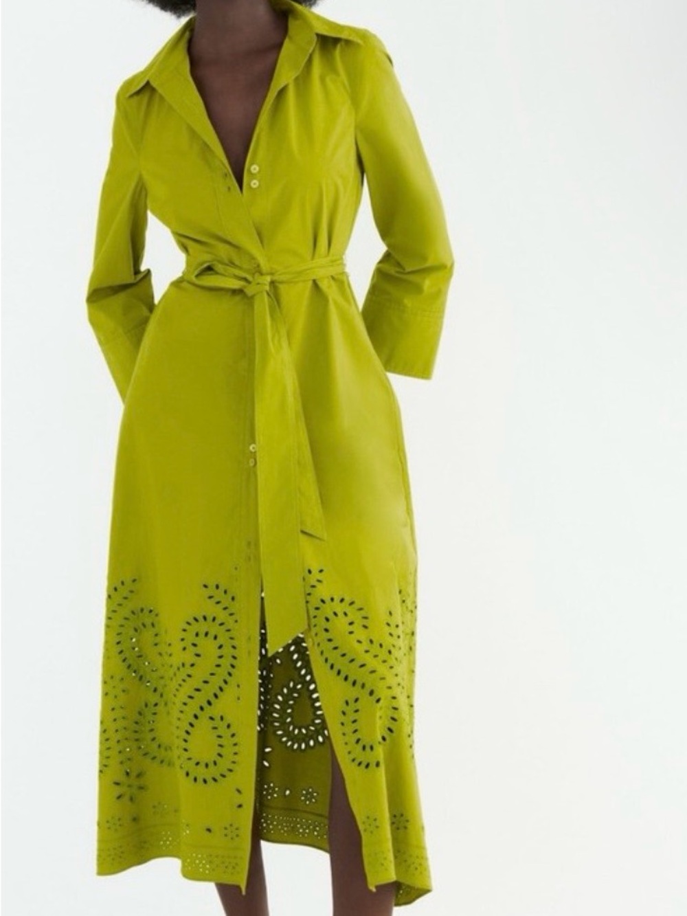 Zara Chartreuse Eyelet Midi Shirtdress with Tie Waist